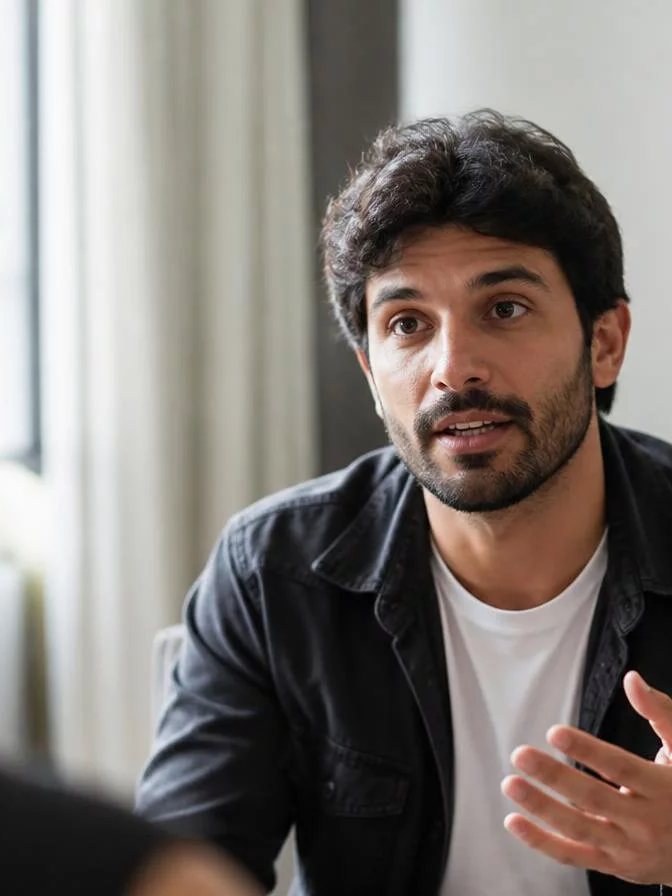 Participante com o braço levantado pedindo a vez numa mesa coberta de rascunhos