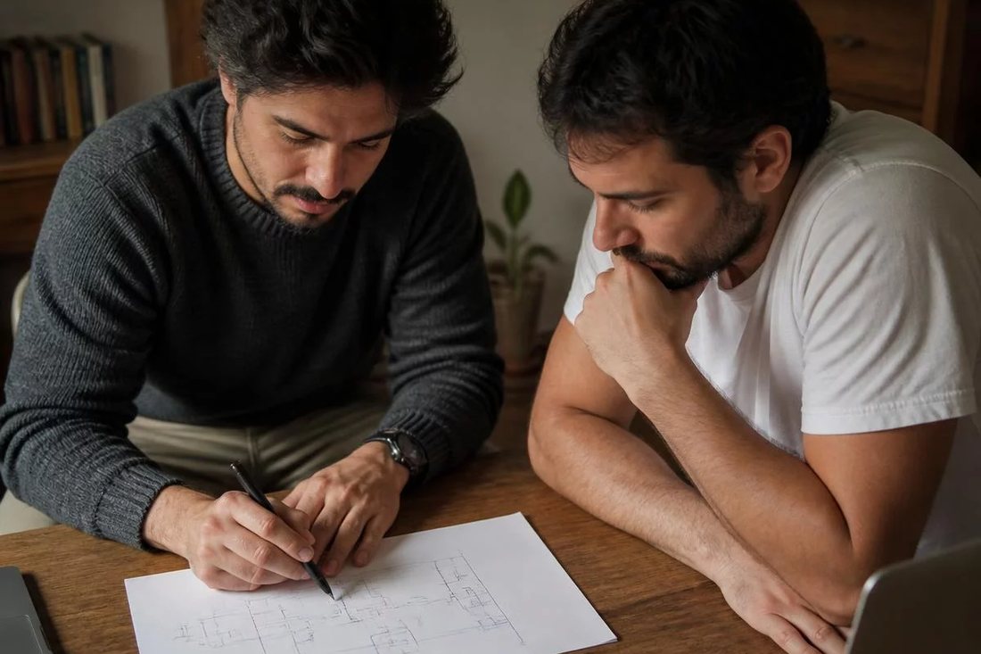 Dupla relendo anotações num tablet apoiado sobre a mesa de madeira